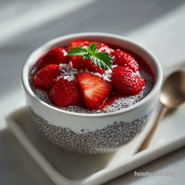 Layered chia pudding parfait in a glass. Swirls of berry compote and toasted coconut flakes add texture and visual appeal.