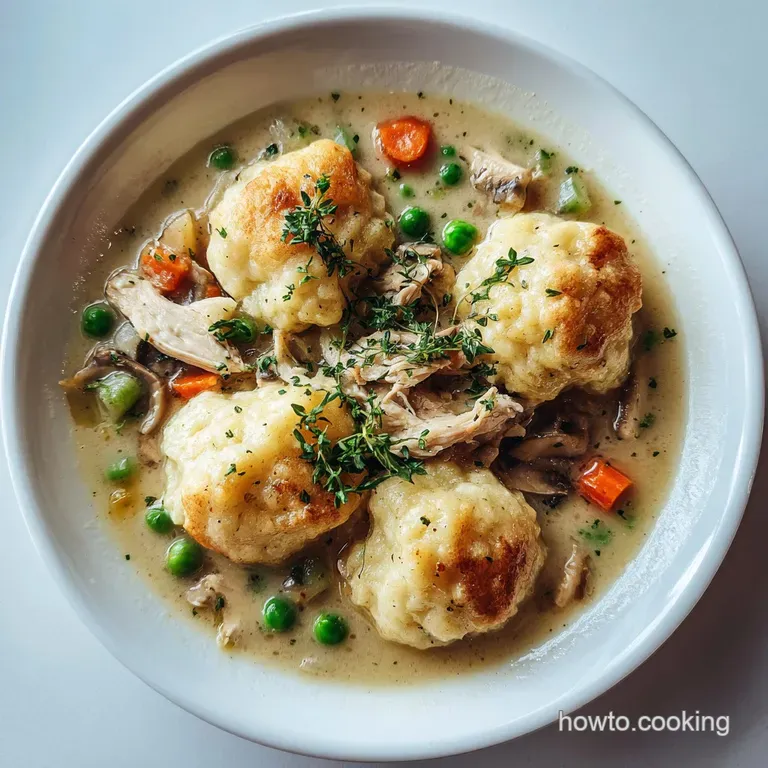 A rustic bowl of steaming chicken and dumplings, garnished with fresh herbs, showcasing a creamy, comforting texture and i...