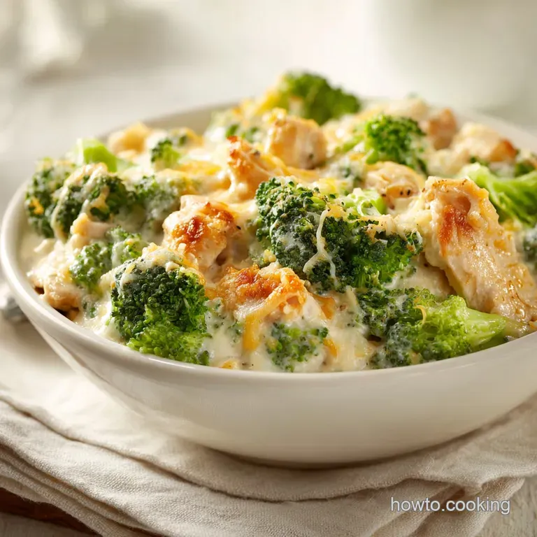 A generous scoop of chicken broccoli casserole, showcasing creamy sauce and colorful florets, on a white plate.