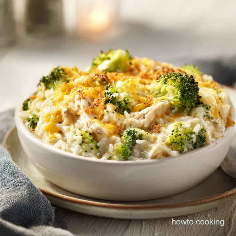 A generous scoop of chicken broccoli rice casserole, showing cheesy melted goodness and vibrant green broccoli.