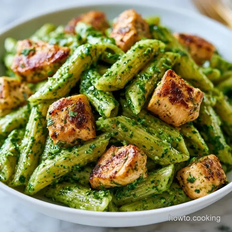A white ceramic bowl filled with green pasta and golden chicken, topped with a fresh basil leaf and grated cheese.