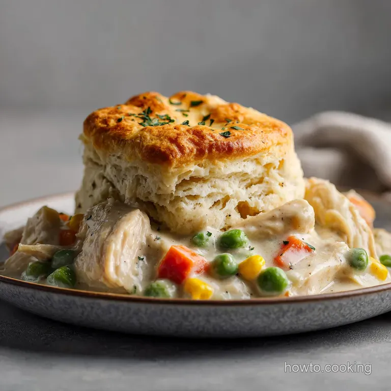 Creamy chicken pot pie filling peeks from under a single, golden biscuit. Steaming hot, comforting & inviting.