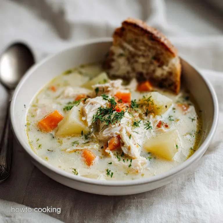 Elegant bowl of chicken potato soup, garnished with fresh parsley and a swirl of cream. Inviting, warm, and comforting.