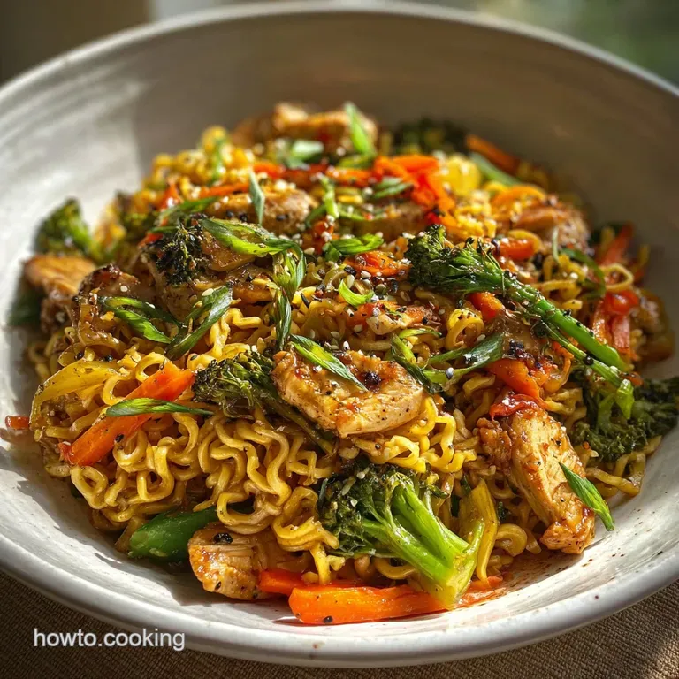 Steaming bowl of ramen stir fry, tender chicken and noodles, vibrant greens, topped with sesame seeds and green onions.