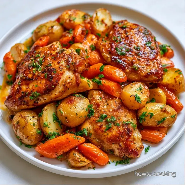 Plated roasted chicken and golden potatoes drizzled with a rich glaze, served on a minimalist ceramic dinner plate.