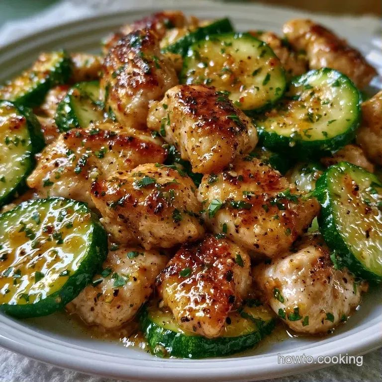 Elegant serving of creamy chicken and tender zucchini on a white porcelain plate with a sprinkle of fresh herbs.