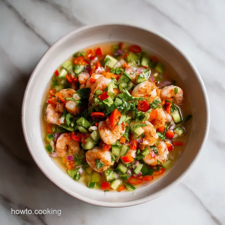 An artfully arranged bowl of shrimp ceviche, topped with avocado slices and fresh cilantro sprigs.