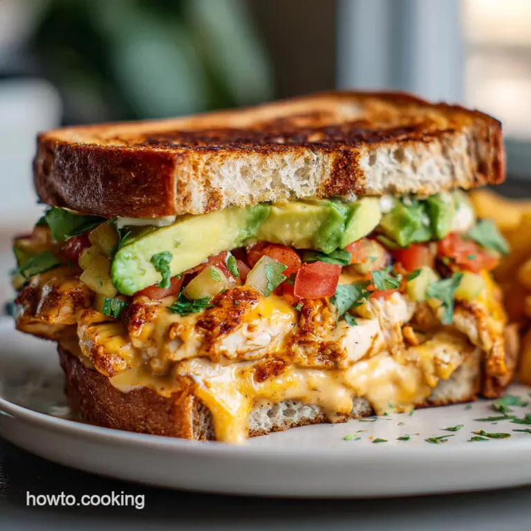 Cross-section of a toasted sandwich revealing layers of chicken, avocado, and gooey cheese.