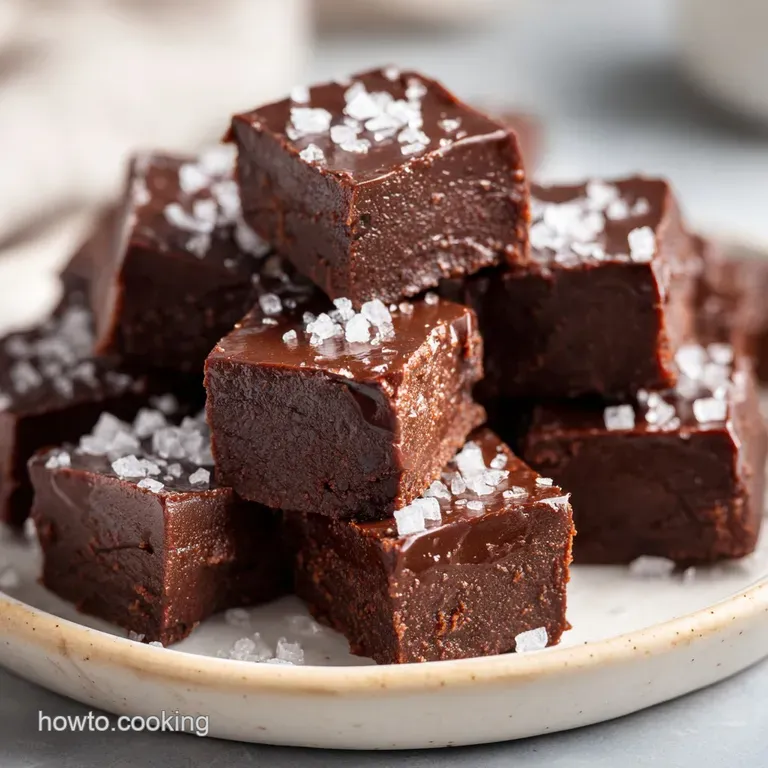A stack of deep cocoa squares arranged on a slate platter with a dusting of salt and a side of fresh raspberries.