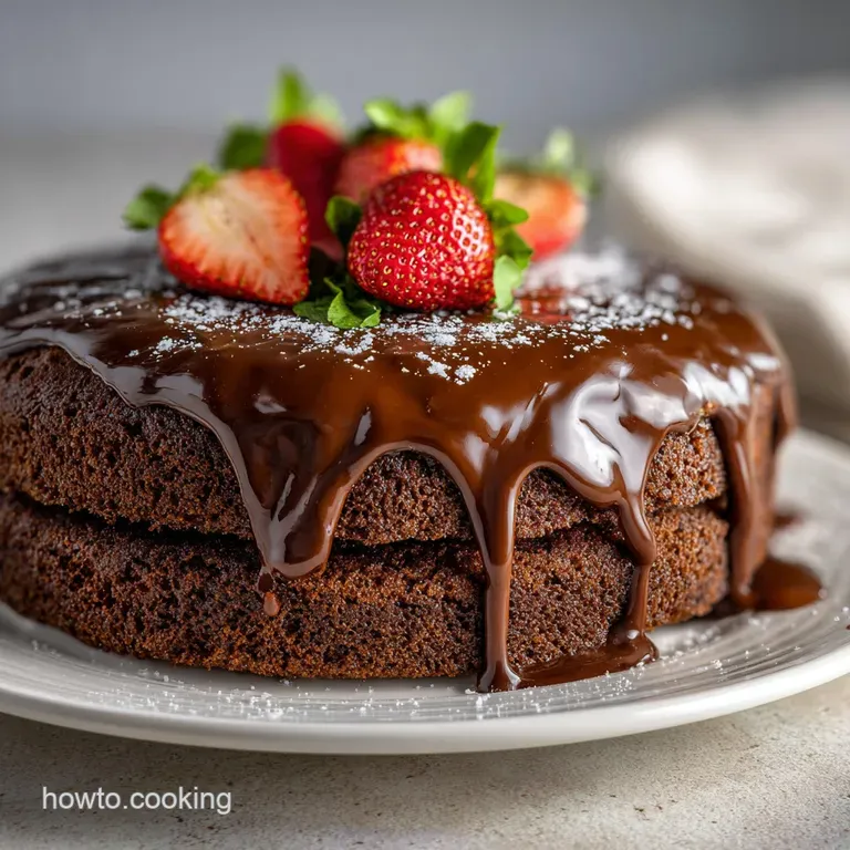 Slice of dark chocolate cake on a white plate, drizzled with chocolate sauce. Garnished with fresh raspberries and a sprig...