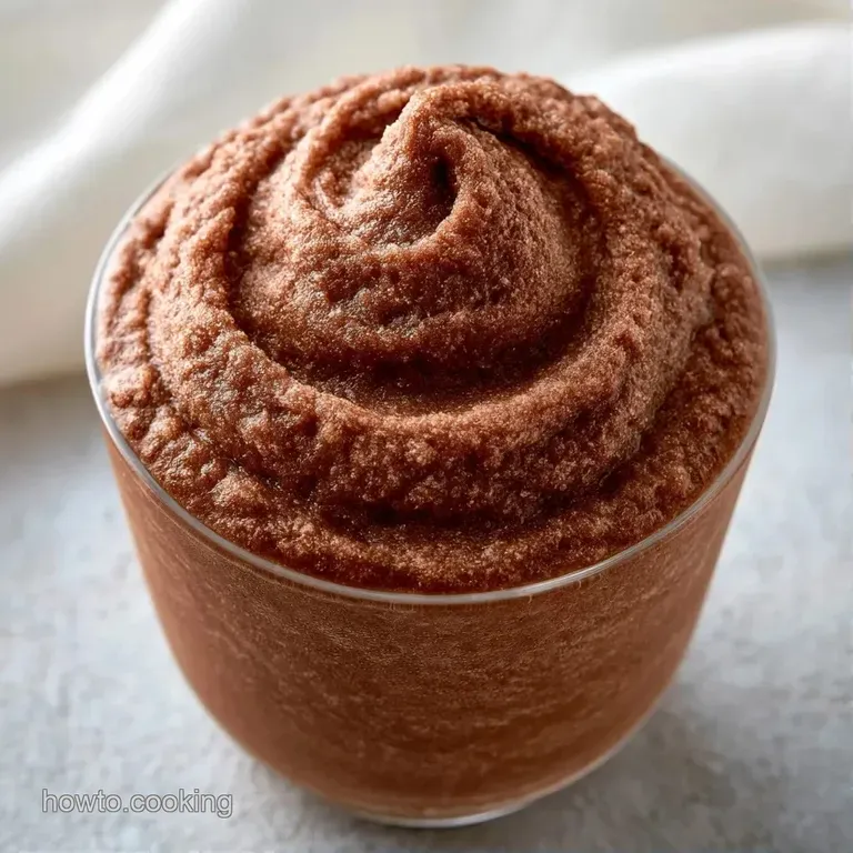 A chilled glass of frothy brown slush topped with whipped cream, set on a white marble surface with chocolate curls.