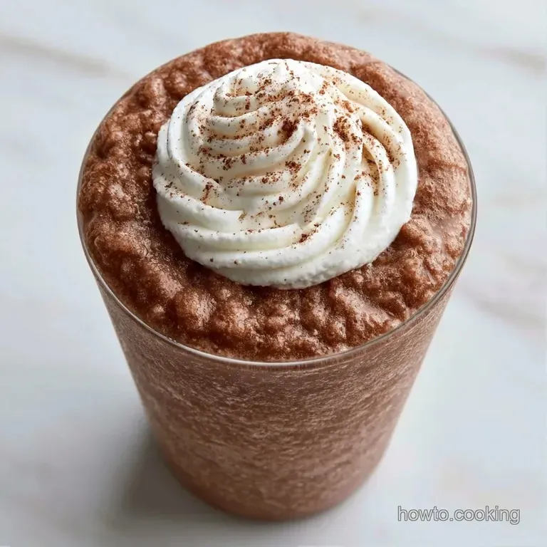 Tall chilled glass filled with a rich cocoa blend, topped with swirls of cream and a red striped straw.