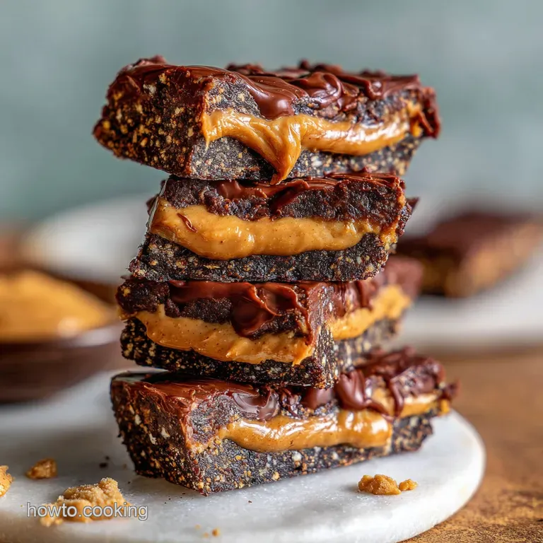 Slices of no-bake protein bars arranged on a wooden board, spotlighting rich chocolate layers and nutty peanut butter swirls.