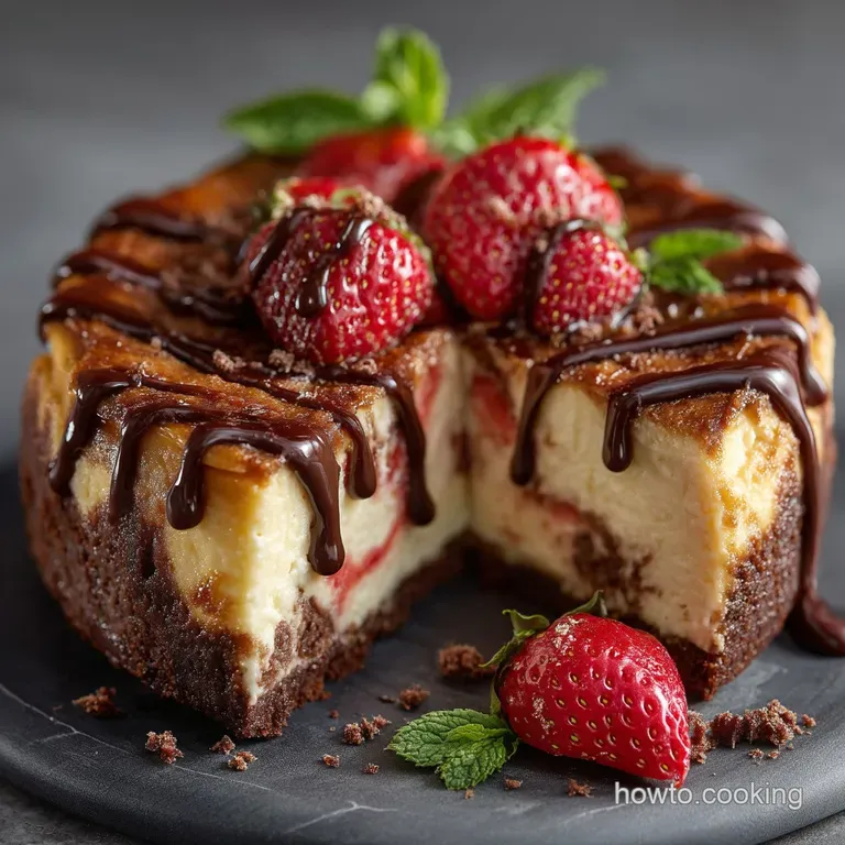 The Ultimate Black Forest Kiss Chocolate Strawberry Swirl Cheesecake presentation