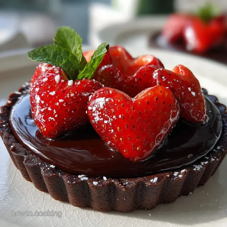 Elegant slice of dark chocolate tart with bright red strawberries and a dusting of cocoa, presented on a white dessert plate.
