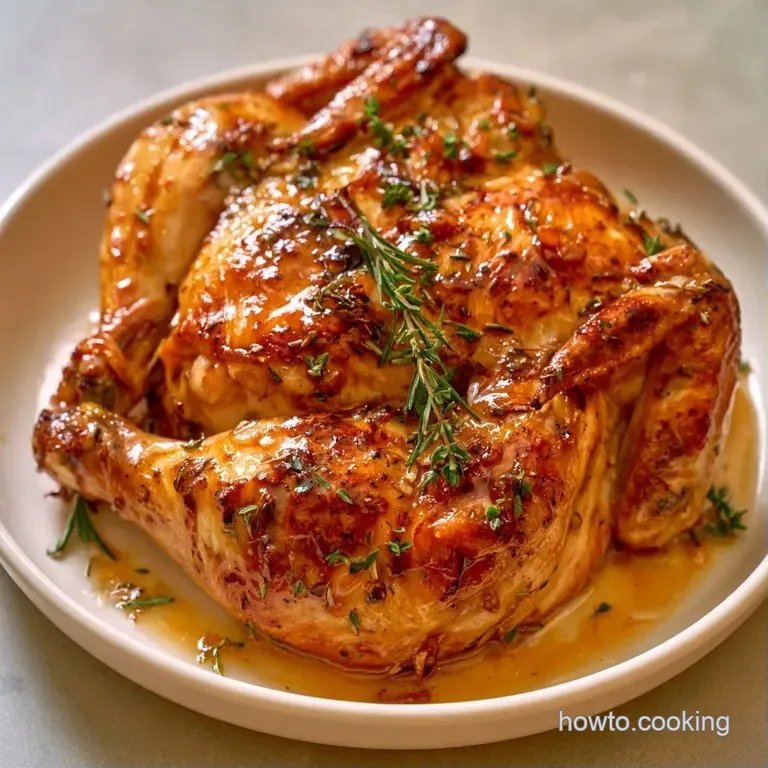 Two roast hens centered on a white platter, surrounded by colorful roasted carrots and sprigs of fresh green rosemary.