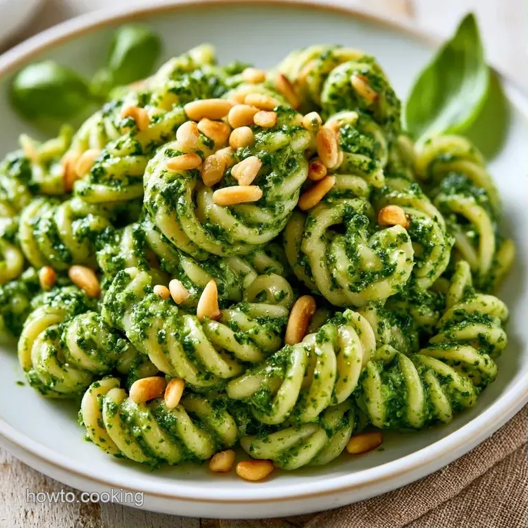 A swirl of green pasta in a white ceramic bowl, garnished with toasted pine nuts and a sprig of fresh organic basil.
