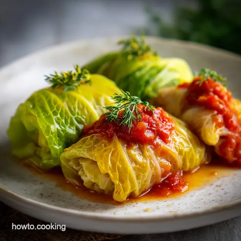 A single cabbage roll plated, glistening tomato sauce, steam rising. Fresh parsley sprig provides a pop of green color.