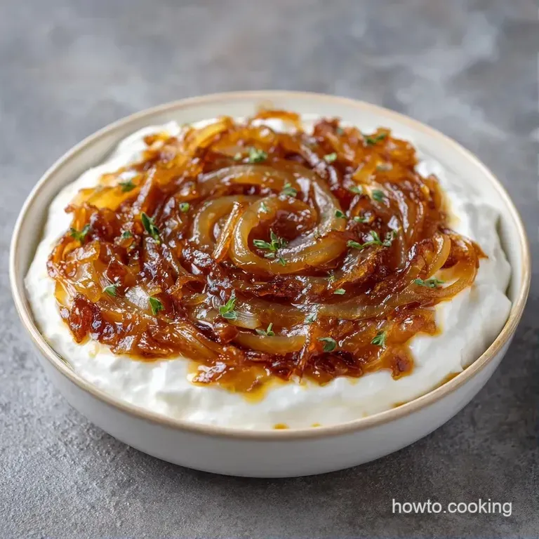 A ceramic bowl of creamy caramelized onion dip surrounded by a colorful platter of crisp vegetables and toasted bread.