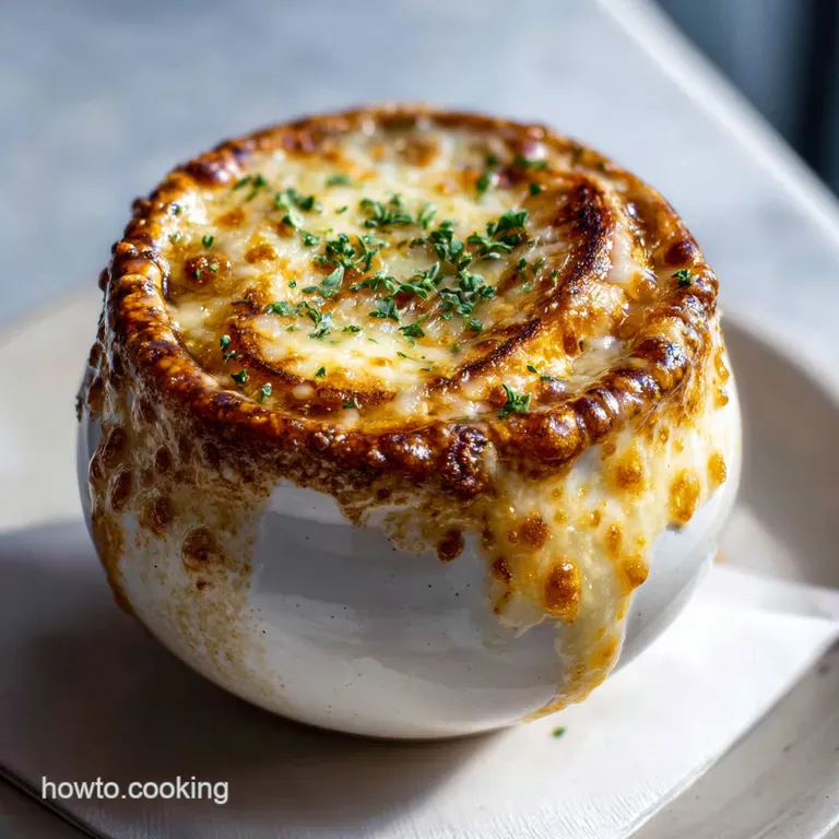 Deep amber broth in a white ramekin, capped with a toasted golden cheese crust and a sprig of fresh thyme.