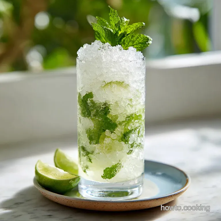 Tall frosted glass filled with sparkling clear liquid, fresh mint sprigs, and lime slices on a bright white table.