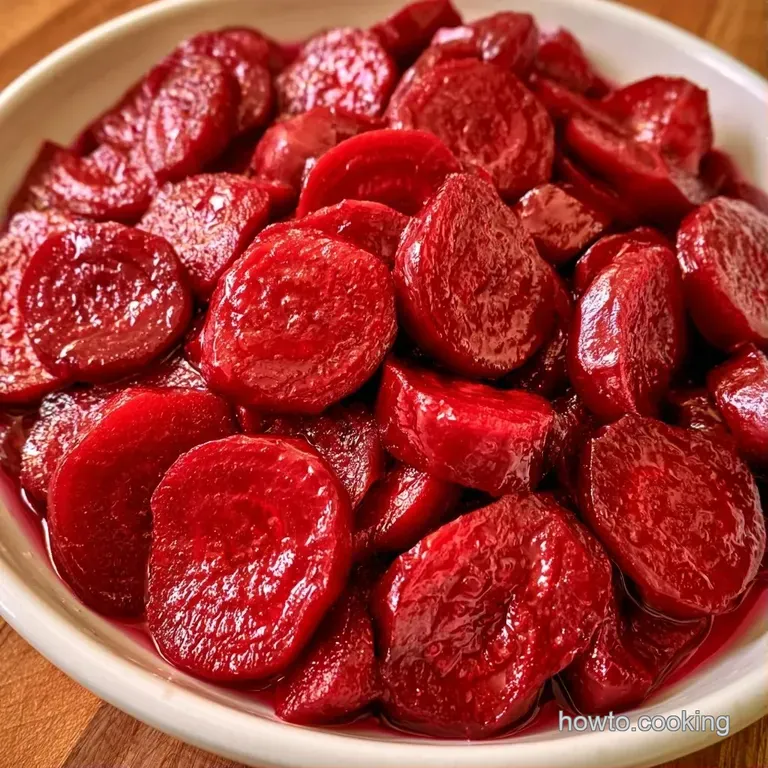 Sliced crimson root vegetables arranged in a circle on a white plate, topped with fresh dill and creamy feta.