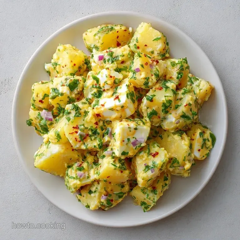 Chilled creamy potato mix with sliced hard-boiled eggs and fresh chives served on a polished white porcelain plate.