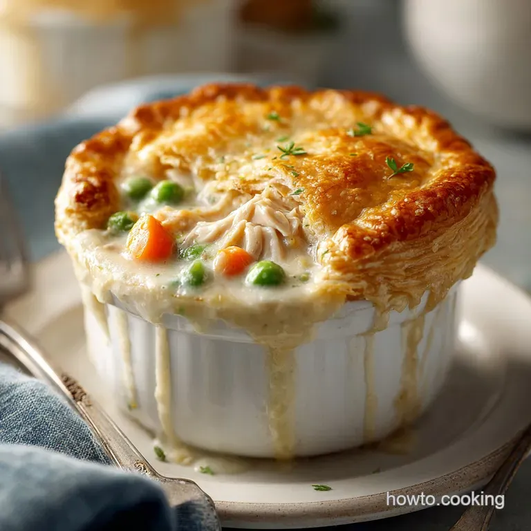Wedge of creamy chicken pot pie on a plate. Flaky crust with a golden-brown hue and visible steam hints at a warm, comfort...