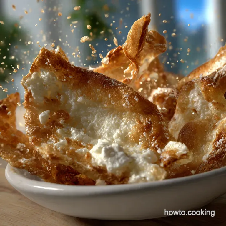 A small pile of golden baked cottage cheese chips arranged on a white plate, glistening slightly. Lightly browned, airy, a...