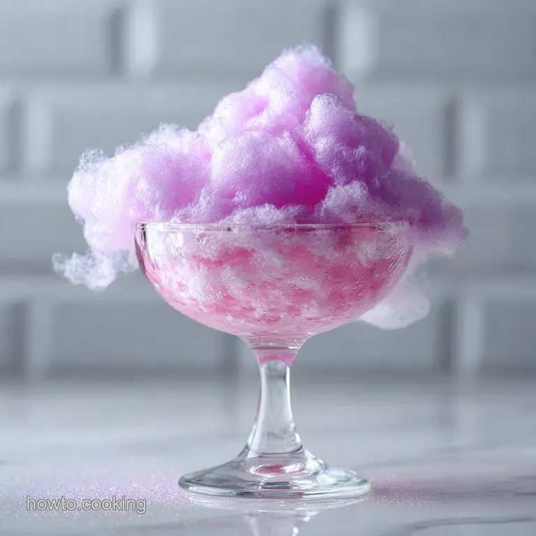 Elegant cocktail glass filled with a swirl of pink and blue hues. Fluffy cotton candy sits atop, creating a whimsical laye...