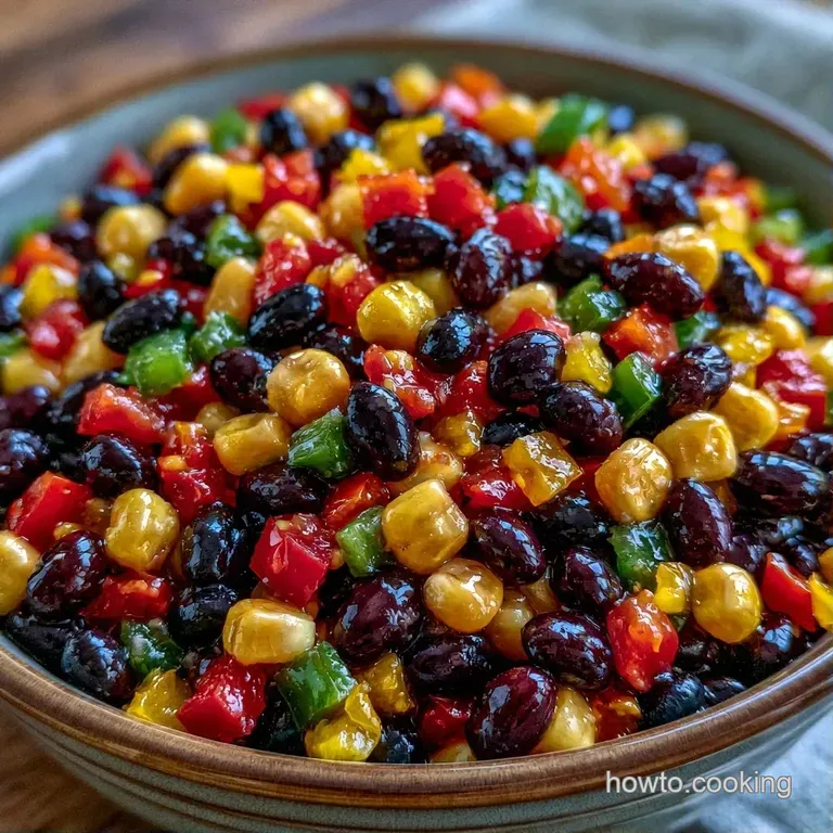 Colorful mix of black beans, corn, and red peppers in a ceramic bowl, flanked by salted, crispy corn tortilla chips.