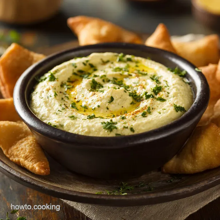 Scoops of cheesy crab dip artfully arranged on a platter, served with crunchy fried wonton chips and vibrant scallions for...