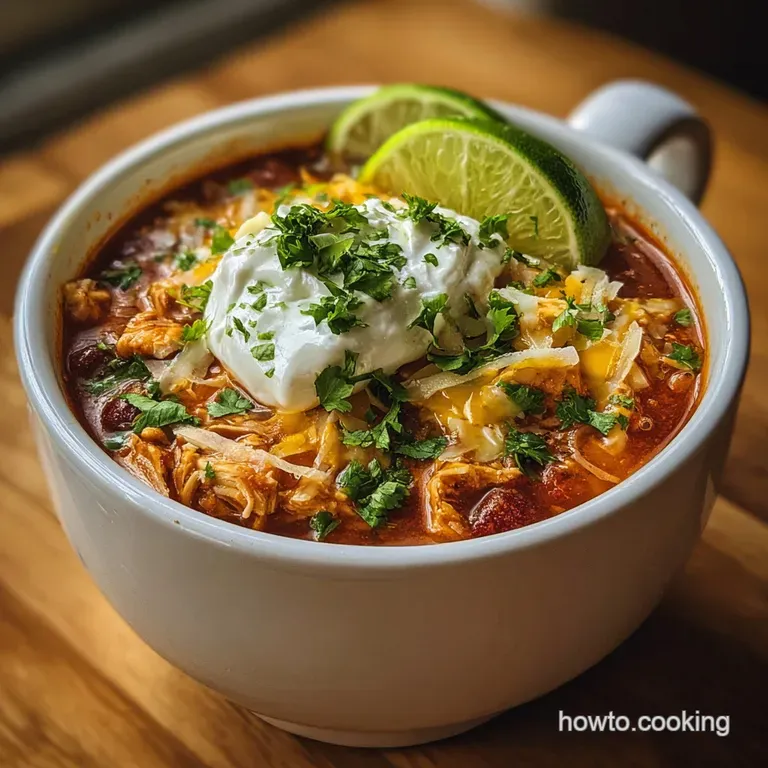 A white bowl filled with creamy chili, topped with shredded cheese, crispy bacon, and vibrant green onion garnish.