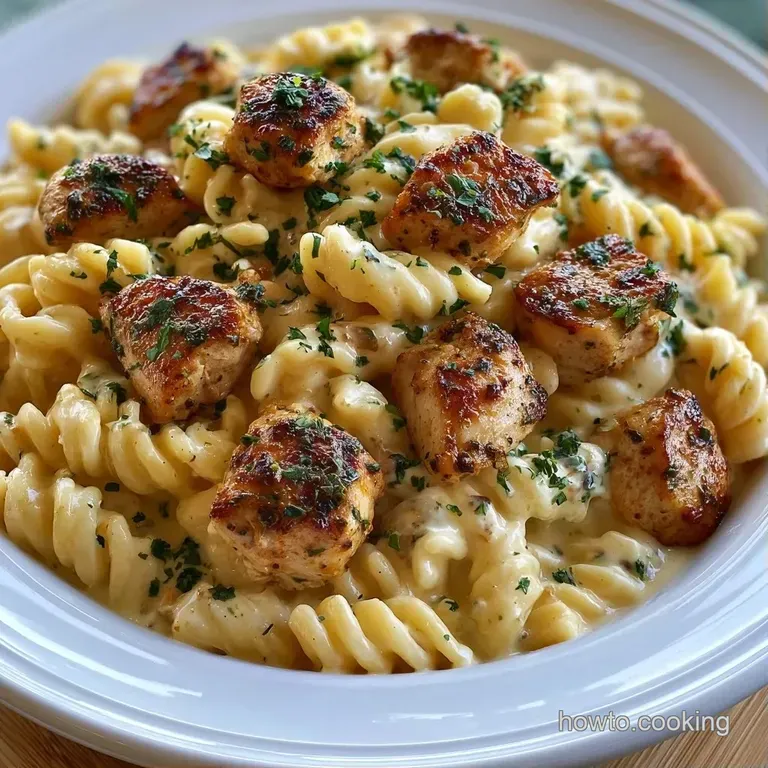 Elegant white ceramic bowl of creamy pasta topped with fresh chopped parsley and a dusting of cracked black pepper.