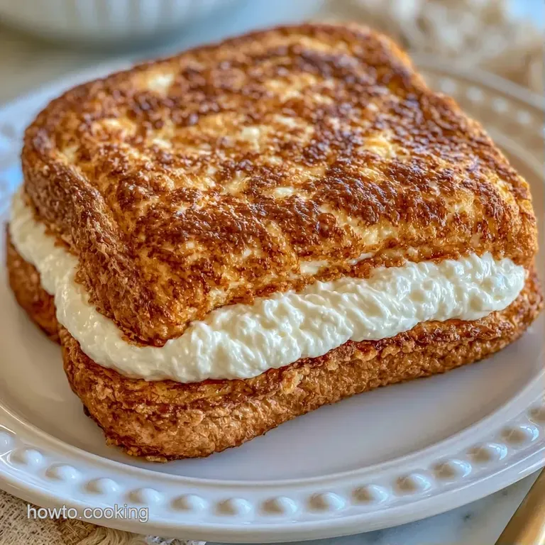 Golden toasted bread slices stacked high with creamy white filling, drizzled in amber syrup on a matte black plate.