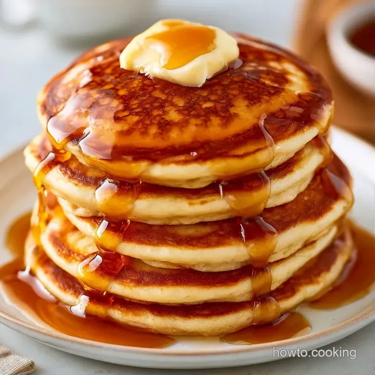 A neat stack of thick pancakes dusted with powdered sugar, paired with fresh blueberries and a drizzle of syrup.