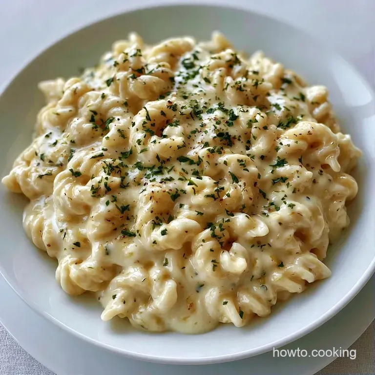 Elegant swirl of creamy white pasta in a ceramic bowl, garnished with grated parmesan and fresh basil leaves.