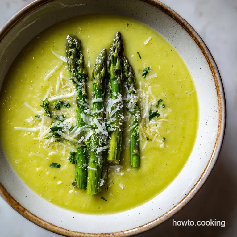 A chilled bowl of vibrant green asparagus soup, elegantly garnished with lemon zest and dill.