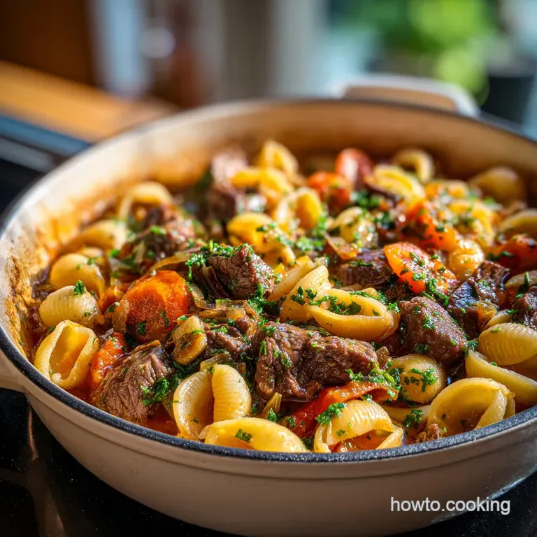 Close up of a single serving of creamy beef and shells in a white bowl, topped with vibrant parsley and cracked black pepper.