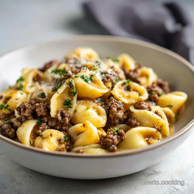 Elegant swirl of pasta and seared beef chunks in a velvet cream sauce, plated on a white dish with garden herbs.
