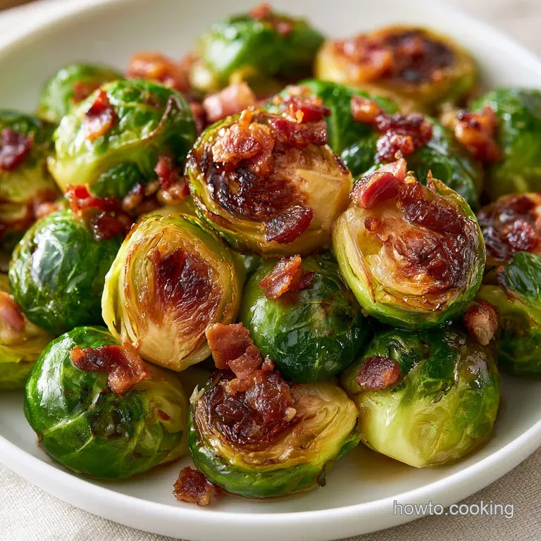 Roasted green sprouts in a white ceramic dish, coated in a rich cream sauce and topped with crisp, salty bacon.