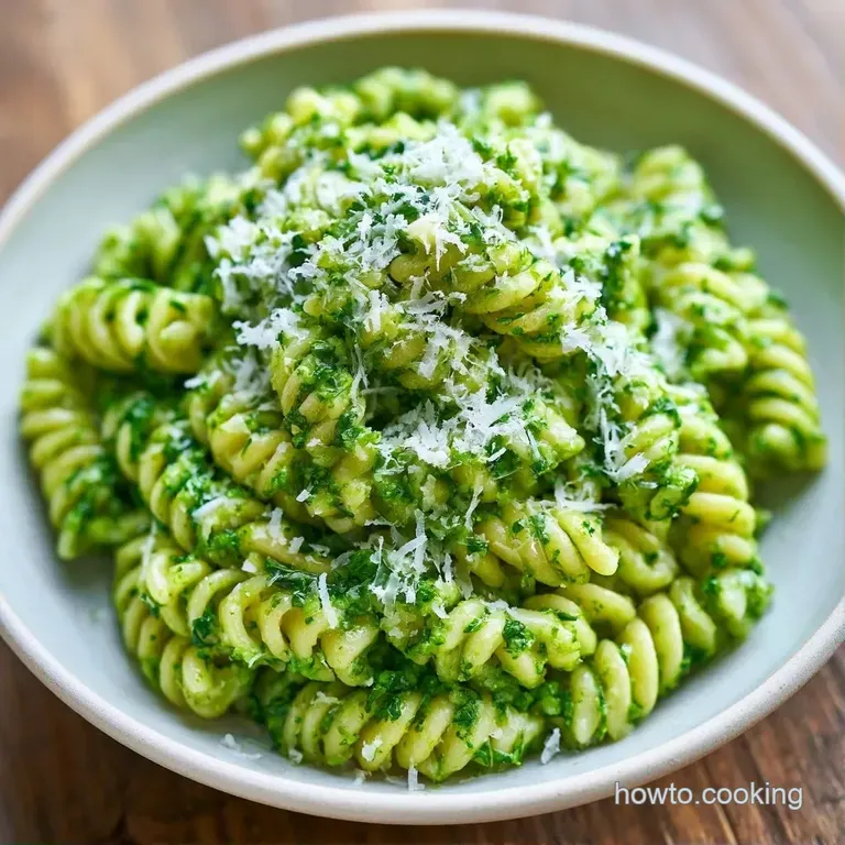 Twirls of pasta coated in a lush green sauce, topped with toasted pine nuts and a fresh, bright basil leaf.