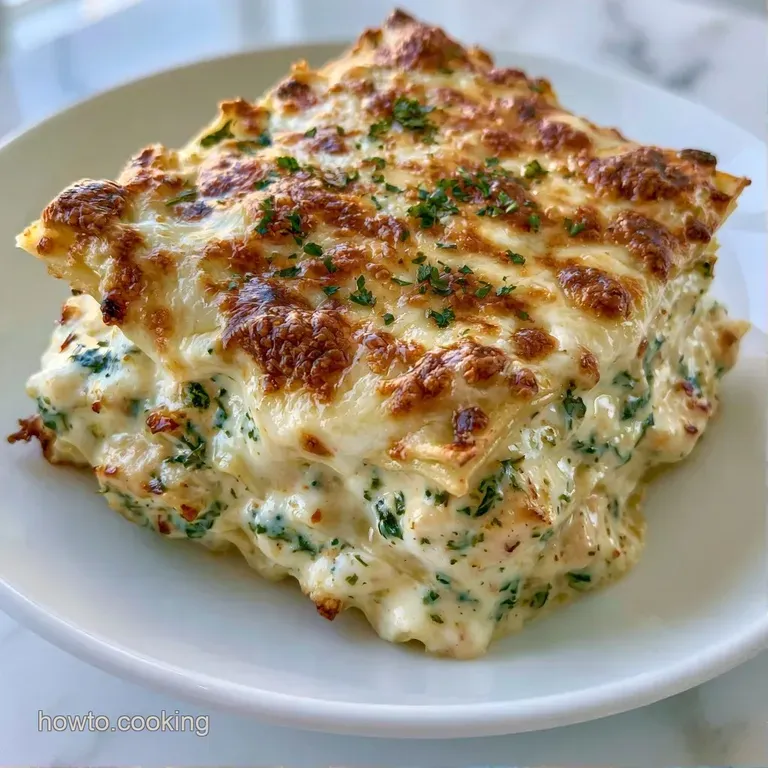A neat slice of cheesy layered pasta with vibrant green spinach, served on a white plate with a side of fresh greens.