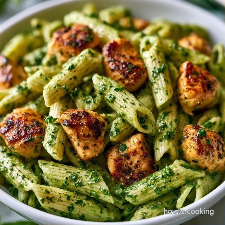 An elegant white bowl of creamy green pasta topped with shaved parmesan cheese and a fresh sprig of basil.