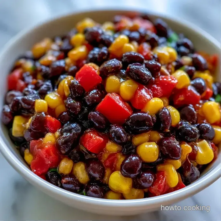 Vibrant bean and corn salad served in a glass bowl with golden tortilla chips and a fresh lime wedge on the side.