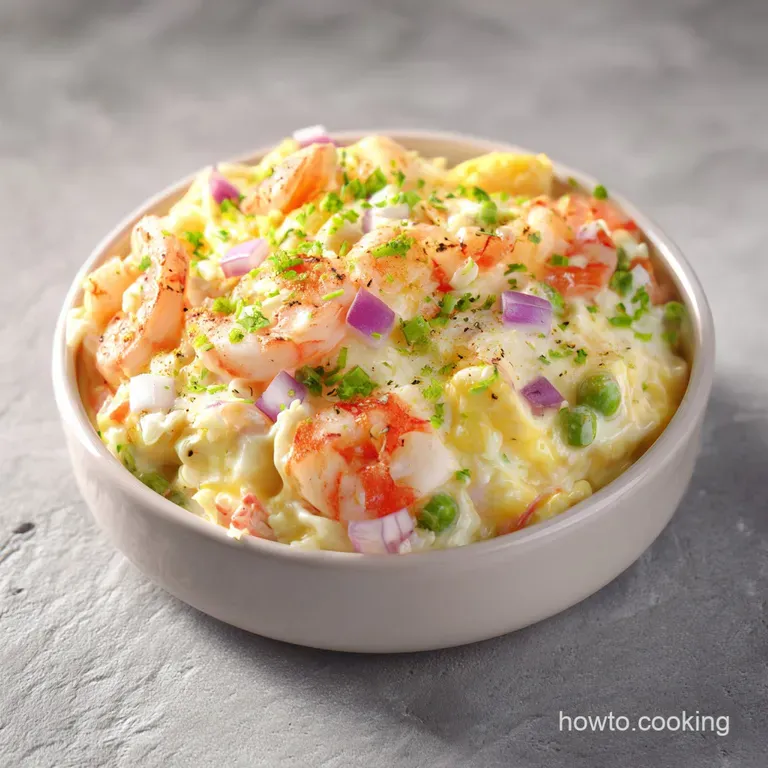 A generous scoop of the creamy seafood casserole, topped with fresh green herbs, on a white plate.