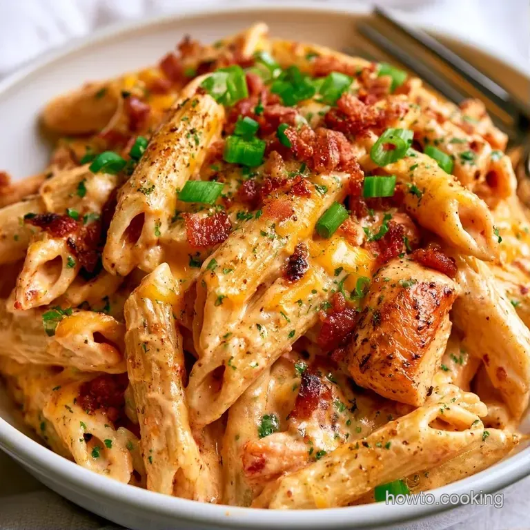 A shallow white bowl of creamy chicken pasta topped with fresh green parsley and a sprinkle of parmesan cheese