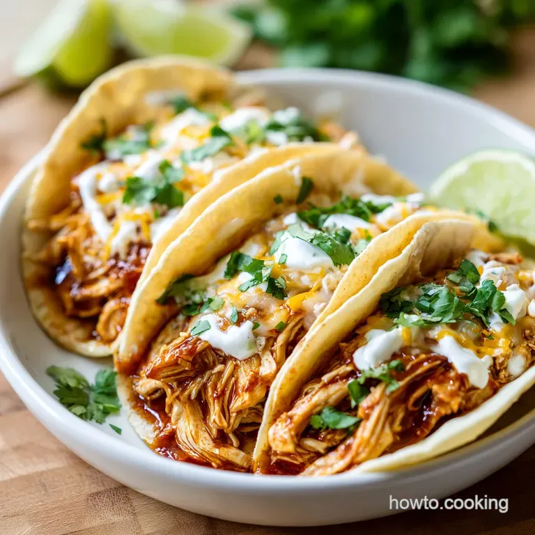 Crispy corn taco shells piled high with tender shredded chicken and fresh toppings, artfully arranged.