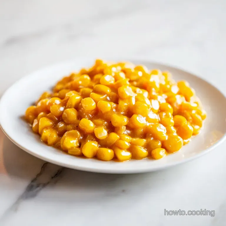 A small white ceramic bowl filled with bright yellow corn in a smooth, creamy sauce, garnished with a sprig of chives.