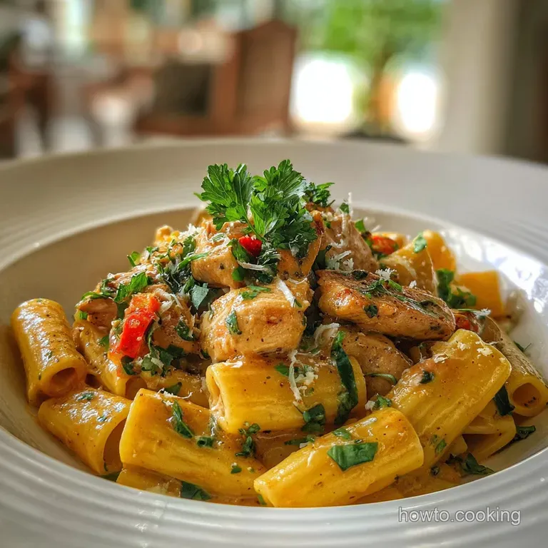 Plated pasta with sliced chicken breast glistening with creamy sauce, garnished with herbs and chili flakes, inviting and ...
